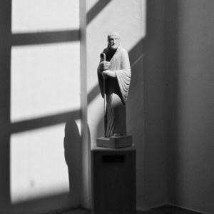 Statue greeting visitors to Gethsemani Abbey. 